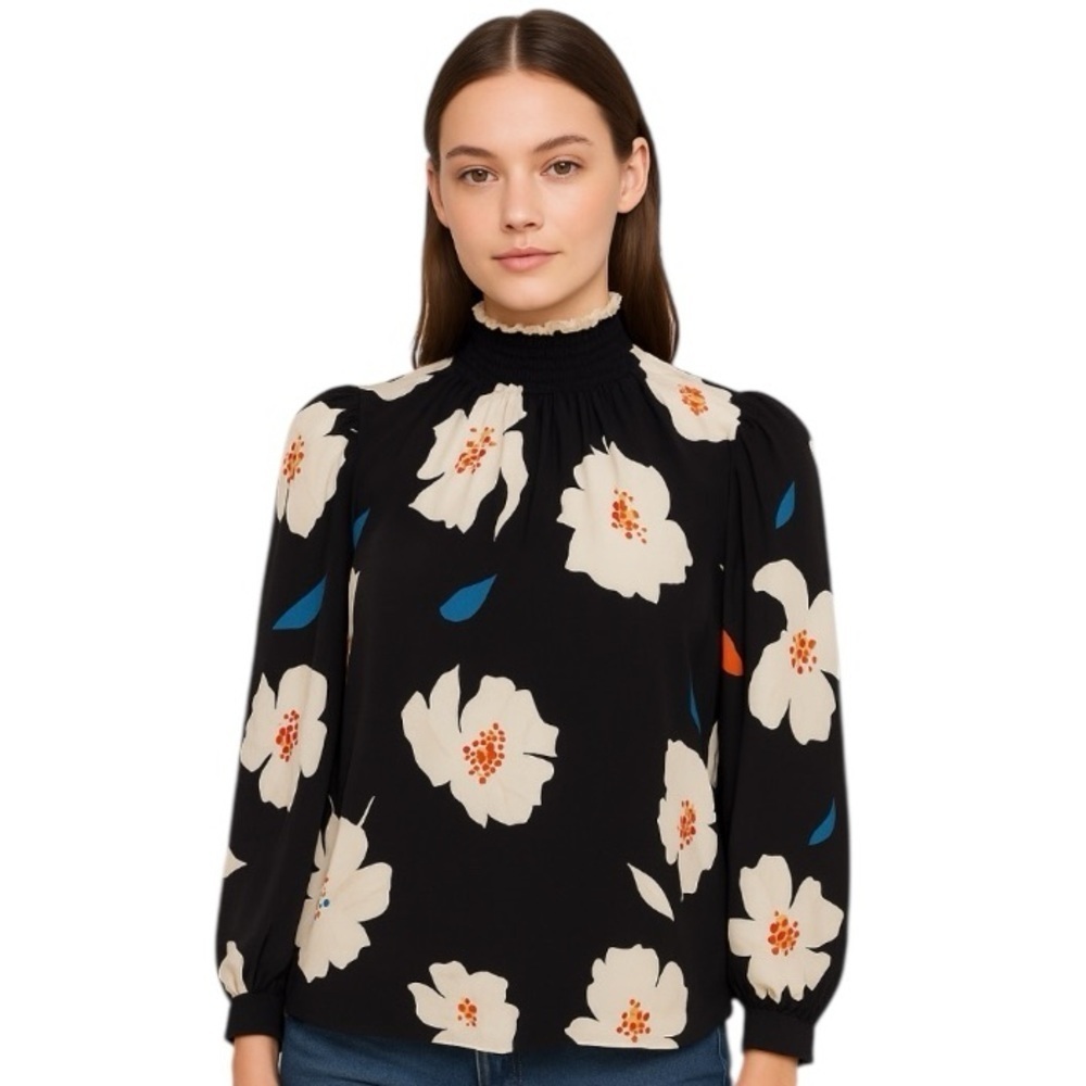 Tucker Black Multicolor High Neck Floral Cottagecore 93% Silk Blouse Size XXS